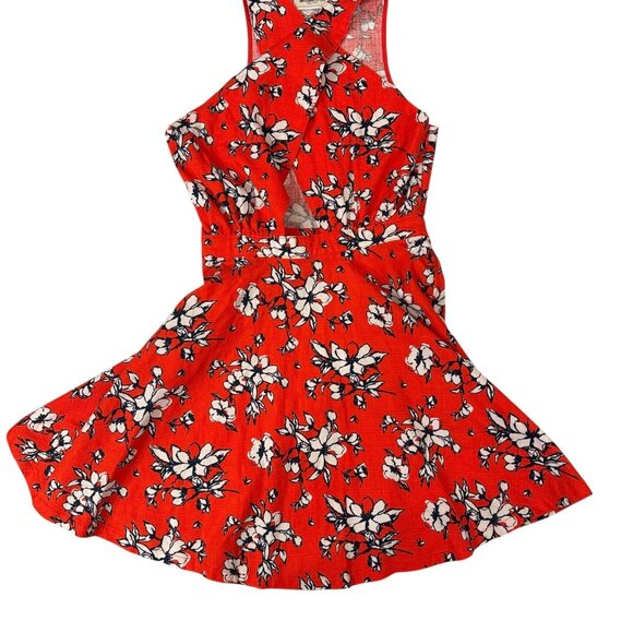Abercrombie & Fitch Dress Womens XS Red Floral Crisscross Halter Skater Keyhole - Picture 4 of 13